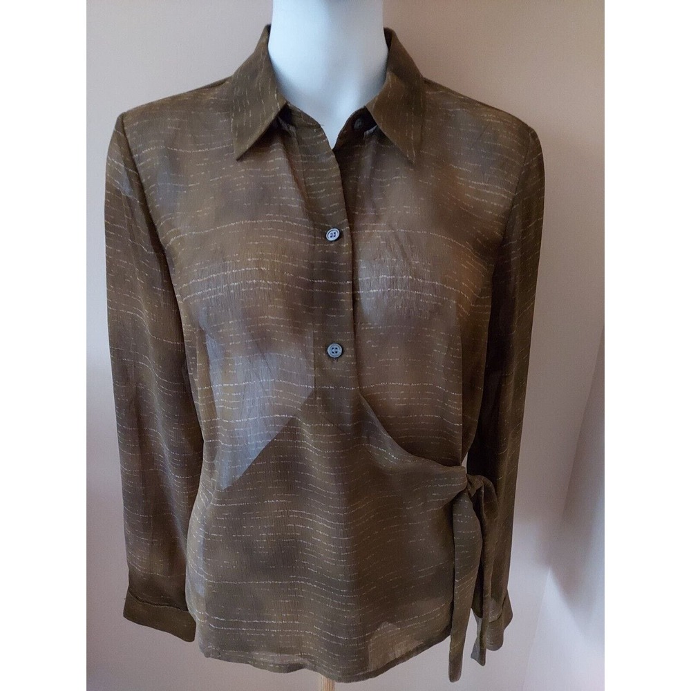 Liz Claiborne Blouse Sheer Brown Size 10 Long Sleeve V Neck Fitted